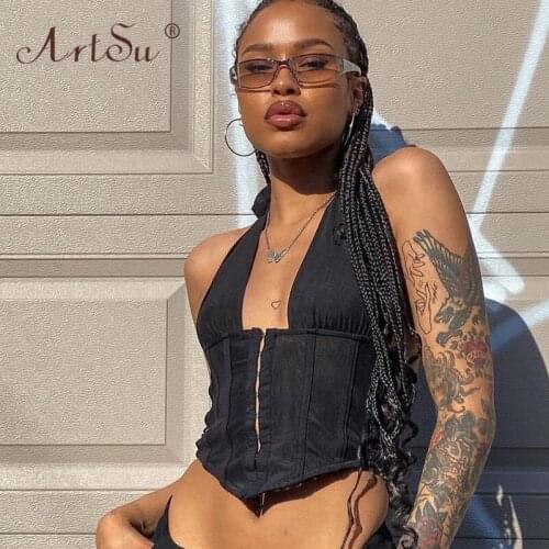 ArtSu Y2K Sexy Backless Black Corset Tops 2000s Fashion Lace Up Deep V-Neck Halter Crop Top Tanks Clubwear Women