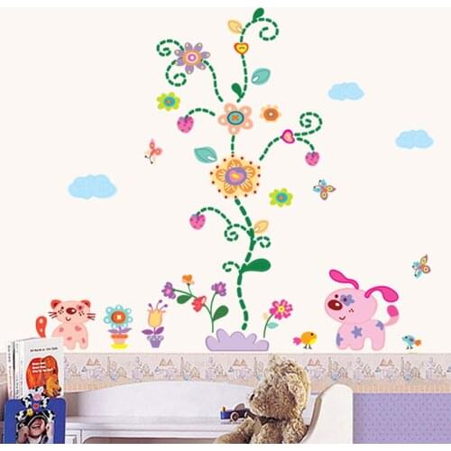 Removable Vinyl Wall Sticker for Kids Room Decorations Cartoon Animal Dog Cat Butterfly Flowers Wallpaper Stickers Home Decor