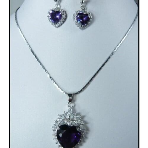 Square purple heart-shaped zircon Earring Ring 18K silver plated fashion jewelry set