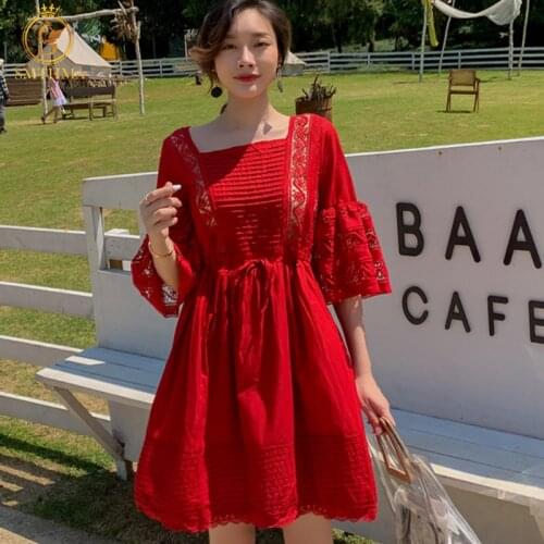 SMTHMA Women Summer Dress 2021 New Arrival Robe Female Square Collar Lace Hollow Out Patchwork Dress Vestidos De Mujer Casual