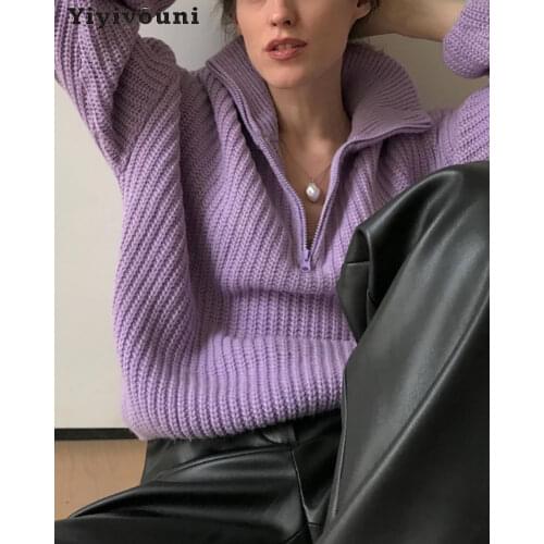 Yiyiyouni Zipper Polo Collar Knitted Oversized Sweater Women Autumn Winter Casual Thick Pullovers Female 2021 Loose White Jumper