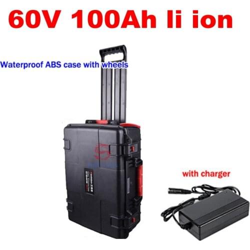 Waterproof Lithium ion 60V 100AH li ion with BMS wheel trolley case for Forklift scooter ebike sweeper tricycle +10A Charger