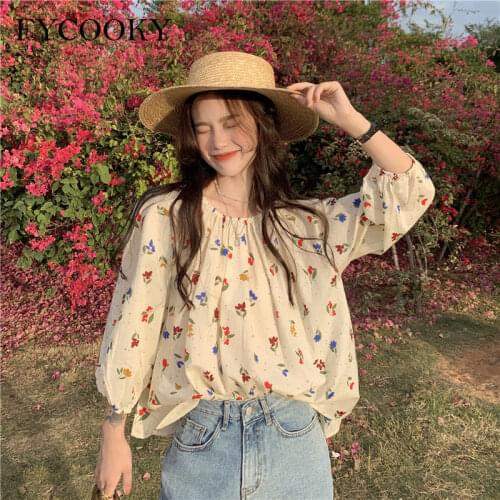 Korean Chic Floral Shirts for Teenage Girls Summer One Shoulder Top Women Sweet Loose Long-sleeved Chiffon Blouse 2021 New