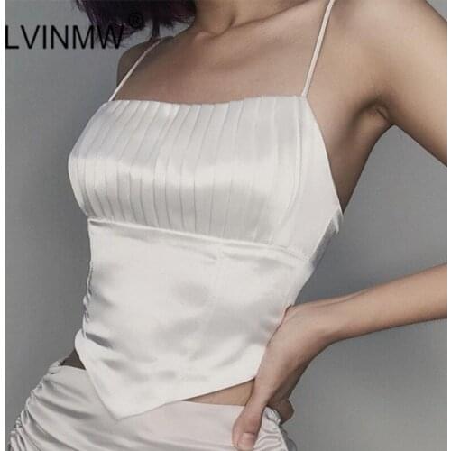 LVINMW Back Zip Up Pleated Solid Sexy Slim Cami Irregular Hem Patchwork Adjusted Straps Casual Chic Basic Sleeveless Tops Women