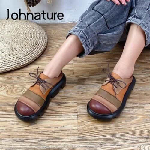 Johnature Pumps Women Shoes Genuine Leather Mixed Colors 2021 New Autumn Retro Round Toe Leisure Concise Platform Ladies Shoes