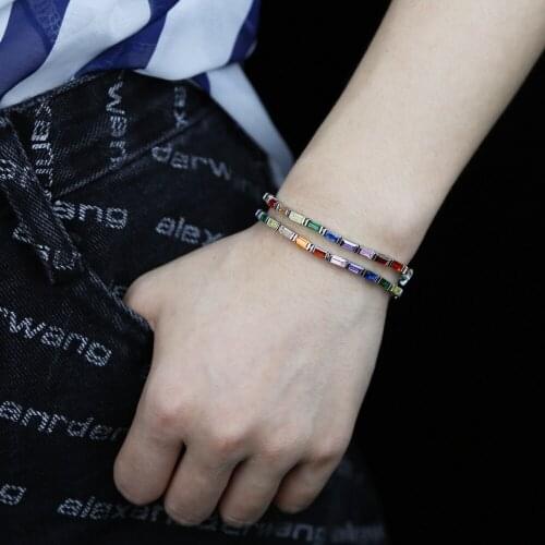 2021 Hip Hop rainbow colorful square cz paved charm bridge bracelets For Women Luxury Geometric wedding jewelry gift wholesale