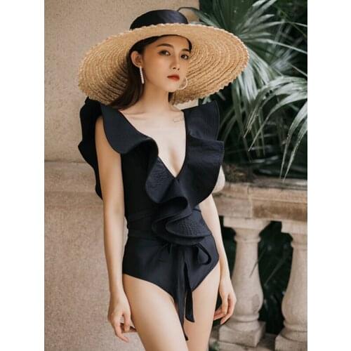 Women Swimsuit 2020 Bikini And Plus One Piece Suit Bathing Female Super Black Cover Leaf Beach Solid Polyester Sierra Surfer