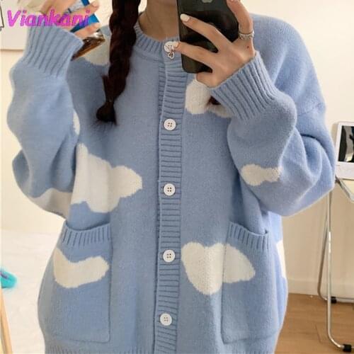 Korean Cloud Sweater Coat Women 2021 Autumn Winter Long Sleeve Knitted Jacket Cute O-neck Cardigan Sweet Knitwear Female Tops