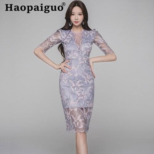 Large Size Summer Lace Dress for Ladies Short Sleeve Perspective Empire Bodycon Wrap Dress Women Print Floral Midi Vintage Dress