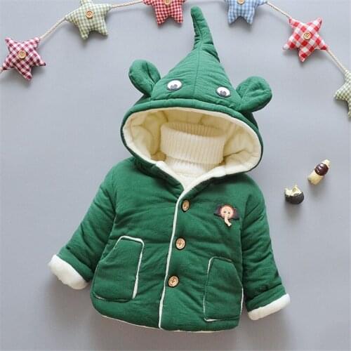 Winter New Girls Cotton Coats Cute Infants Boys Thicken Baby Boys Solid Color Plus Velvet Cotton Clothing Baby Hooded Outerwear