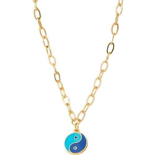 2021 Ins Gold Chain Chinese Tai Ji Yin Yang Blue Black Enamel Piercing Pendant Choker Necklace Korean Fashion Jewelry