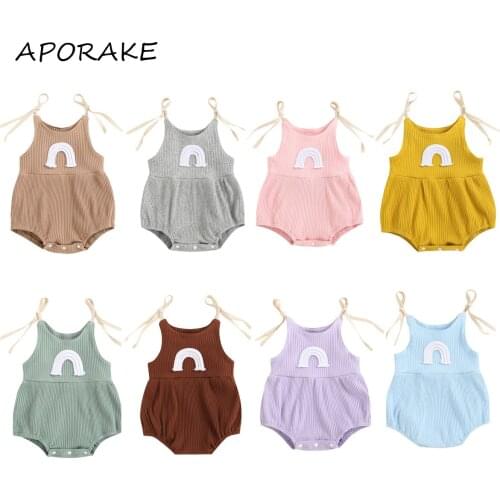 2021 0-24M Summer Infant Baby Girl Playsuit Sweet Rainbow String Sleeveless Bandage Solid Color Outfit Romper 8 Colors