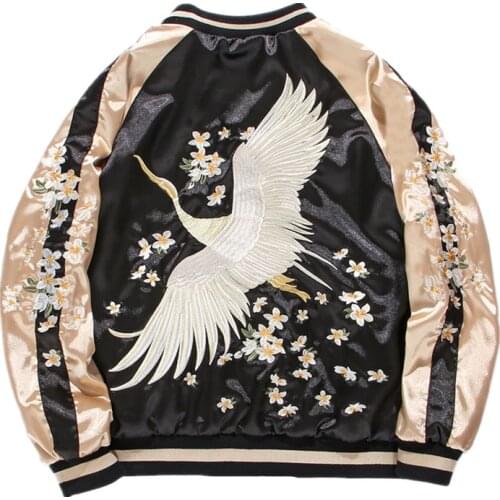 White crane Flower Embroidery Jackets Smooth Men Yokosuka Souvenir Spring Autumn Two Sided Wear Baseball Jacket Casual Coats
