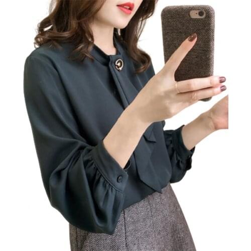 Shirt Solid Color Long Puff Sleeve Women Buttons Cuff Loose Blouse for Spring