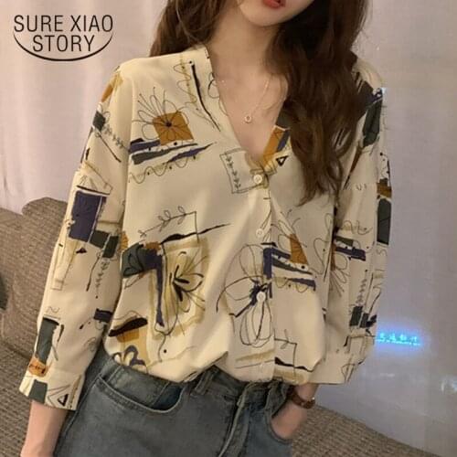 Korean Loose Elegant Print V-neck Three Quarter Sleeve Blouse Japanese Street Wear Women Tops Women Clothes Ladies Blouse 10198