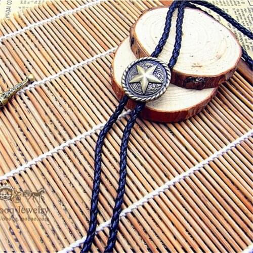 Bolo Tie The latest retro shirt chain Pentagram round card Poirot led rope leather necklace Long tie hang