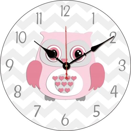 Large Wall Clock Cute Cartoon Pink Owl Love Heart Vintage Style Round Wooden Hanging Wall Watches Decorative for Kitchen Office