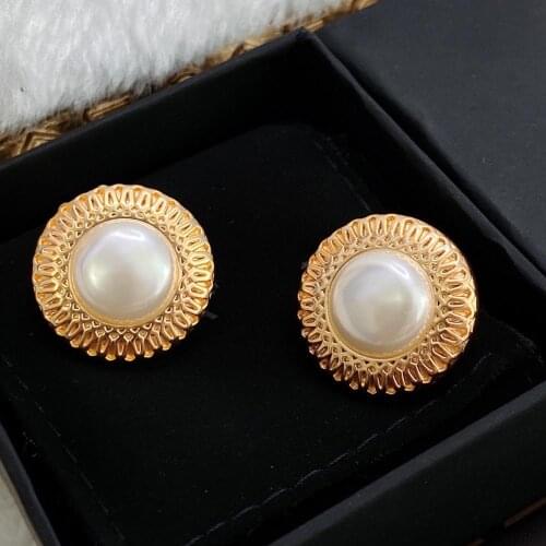 Brand Fashion Jewelry Gold Color Pearl Crystal Round Pearls Design Wedding Party Clip Earrings