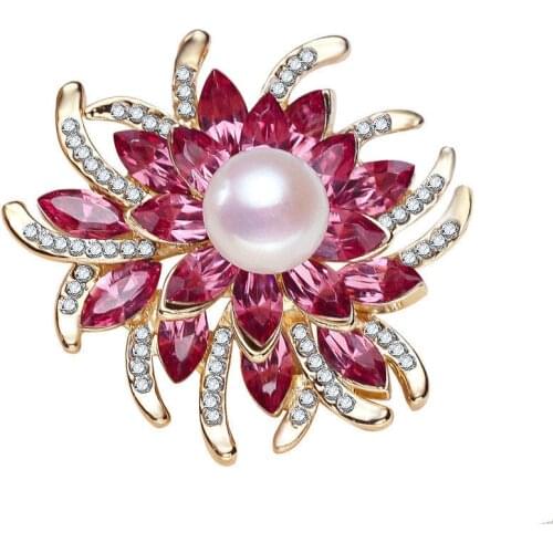 Red Flowers White Fresh Water Pearl 10-11mm Crystal Brooch High Quality