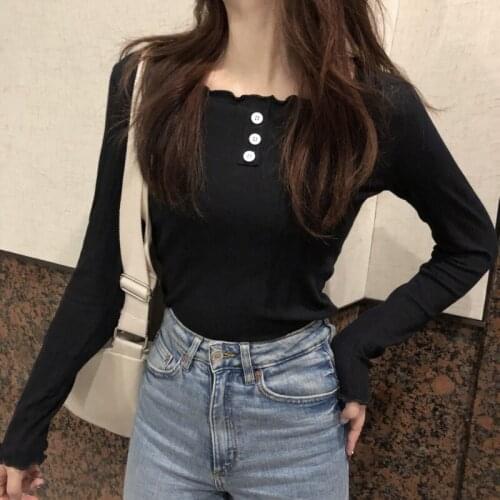 T-shirt Women Long Sleeve Slim Button Korean Style Crop Tops Comfortable All-match Simple Soft Sweet Harajuku Fashion Casual Tee