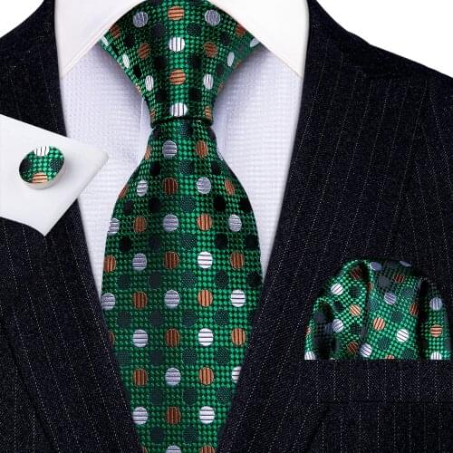 Fashion Luxury Green Polka Dot 100% Silk Ties Gifts For Men Suit Wedding Barry.Wang NeckTies Hanky Sets Groom Business LN-5288