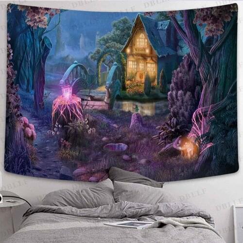 Cartoon Tapestry Fairy Tale Forest Tree River Art Wall Hanging Tapestries for Living Room Home Dorm Decor Banner