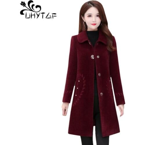 UHYTGF Quality Mink Fleece Woolen Jacket Women Mid-Length Slim Winter Coat Female Embroidery Pocket Casual Plus Size Outwear1853