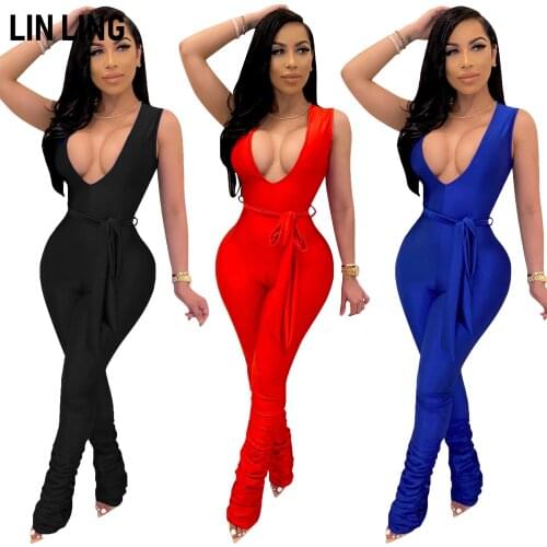 LINLING Middle Waist Hip Deep V Elastic Pleated Fitness Work Clothes Fashion One-piece Casual Pants