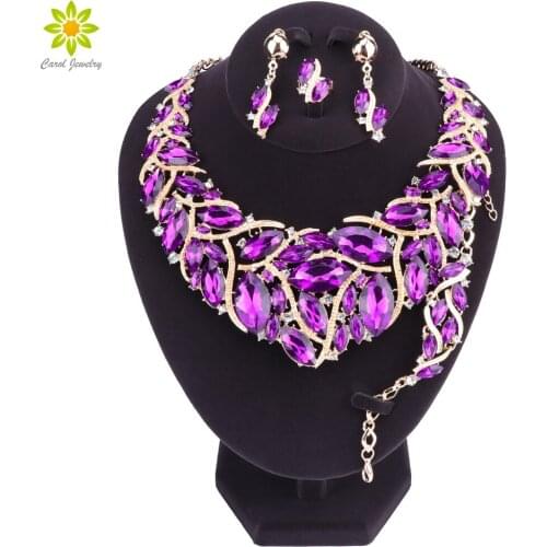 Fashion Purple Crystal Wedding Jewelry Sets For Bride Party Necklace Earrings Bracelet Ring Jewellery for Women