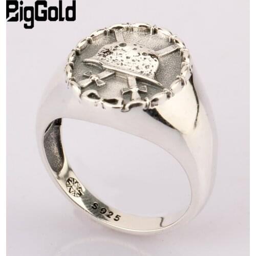 Pure 925 Sterling Silver Do Old Punk Oval Shape Soldier Army hat with two Swords Design For Men Gothic Fashion Souvenir Jewelry