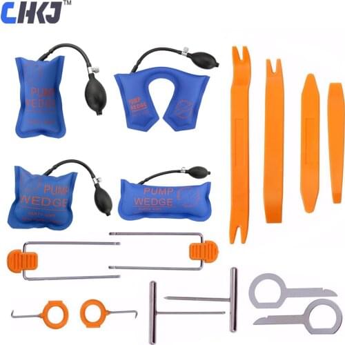 CHKJ 4pcs Pump Wedge Locksmith Tools Car Door Lock Opening Reparing Tools 12pcs Car Radio Panel Pry Tool Trim Removal Tools Kit