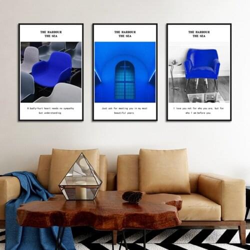 Nordic Style White Background Canvas Painting Posters Blue Chair And House Wall Art Photos For Living Room Home Decoration