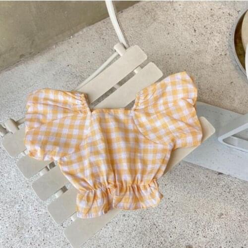 2021 New Stlye Girls Plaid Shirt Cotton Summer Puff Sleeve Fashion Girls Blouse 1-6 year CO266