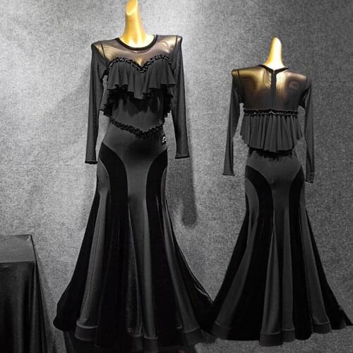 New Ballroom Dress Standard Dancing Competition Black Waltz Dress Long Sleeve Big Skirt Hem Womens Ballroom Dance Dress VDB1216