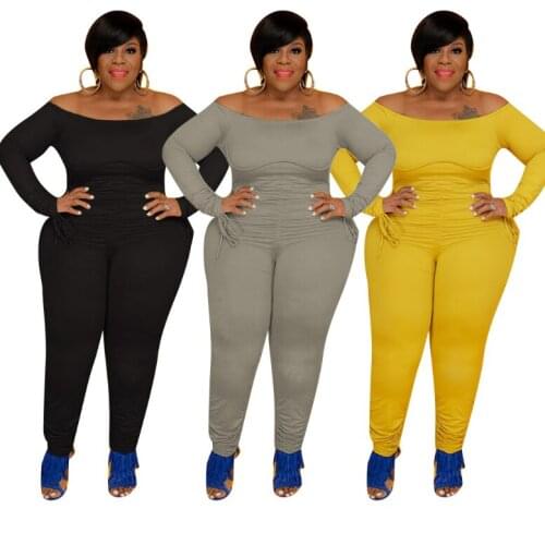 New Arrivals Women Slash Neck Jumpsuits Lace Up Full Sleeve High Waist Casual Pure Color Plus Size Autumn 2021 Rompers