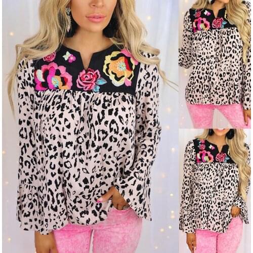 New Woman Tshirts Flower T Shirts Women Loose Shoulder Leopard Print Long Sleeve T-shirt Top Mujer Camisetas