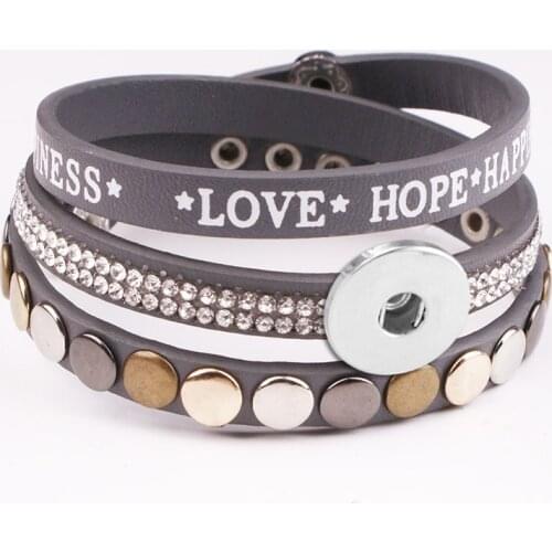 New fashion LOVE HOPE HAPPINESS PU leather 18mm snap button bracelet NA7505