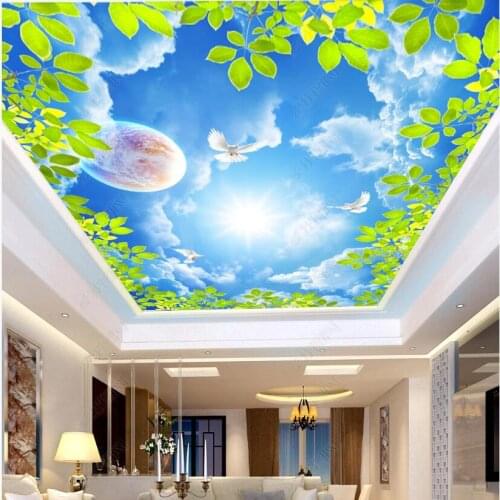 Custom photo 3d wallpaper ceiling mural Blue sky white clouds sunshine leaves pigeon 3d wall murals wallpaper in the living room
