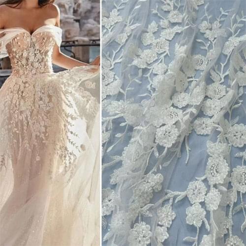 Luxury Beaded Sequin Bride Wedding Dress Flower Embroidery Sewing Fabric RS3349