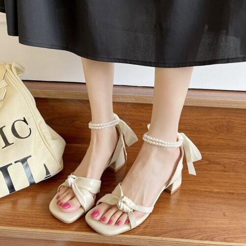 Bow-Knot gladiator sandals women 2021 summer thick high heels shoes female pumps beads band silk butterfly-knot sandalias mujer
