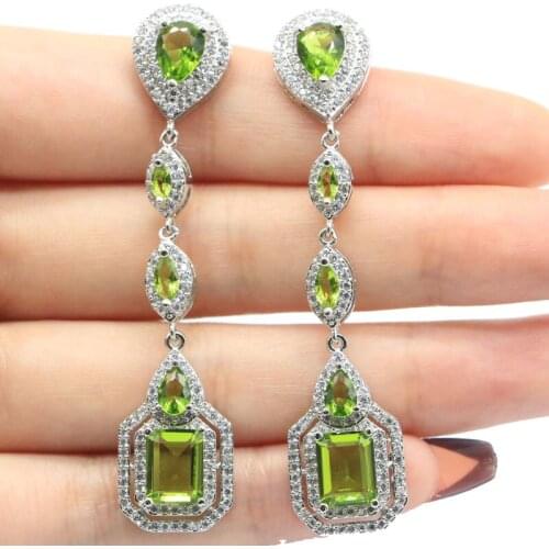 45x23mm Big Jewelry Set 9.2g Created Green Peridot White CZ For Ladies Daily Wear Dating Silver Pendant Earrings