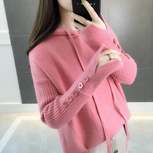 Casual Hooded Sweater 2021 New Autumn Winter Korean Style Women Loose Solid Button Knitwear Female Pullover Sweater Sueter