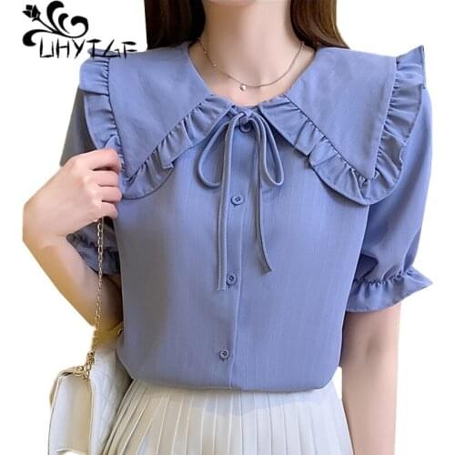 UHYTGF Women Blouse 2021New Short-Sleeved Bow Chiffon Shirt Female Thin Summer Top Short Plus Size Blouses Blusas Y Camisas 1681