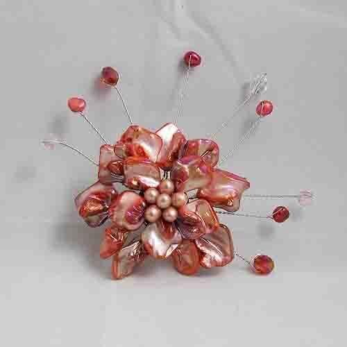 Unique Pearls jewellery Store,Handmade Natural Freshwate Pearl Real Shell Crystal Beads Brooch,Red Orange Shell Flower Brooches