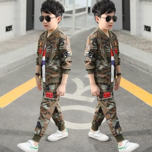Boys Spring Camouflage Suit 2 Pcs 2019 New Kids Army Uniform Clothes Twinset Childrens Fall Striped Sports Clothing Set B182