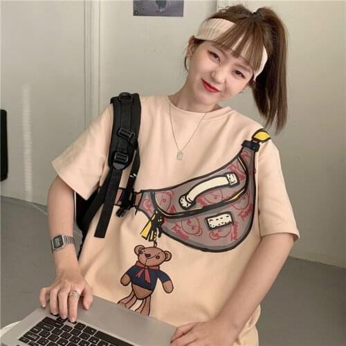 2021 Summer Cute Bear Cartoon Print Female Short-Sleeved t-Shirt Loose Girly Style Korean Youth Blouse