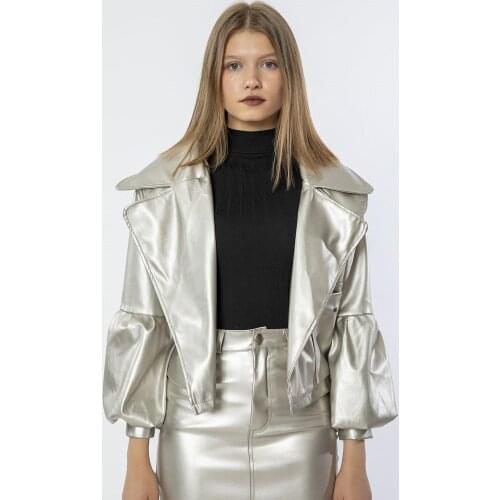 Womens Leather Jacket Long Sleeve Balloon Detail Autumn Winter Coat Pocket