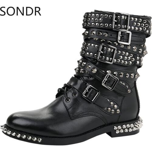 US4-11 Womens Round Toe RIvet Studs Belt Buckle Ankle Boots Genuine Leather Punk Shoes Motorcycle Black Plus Size Gladiator