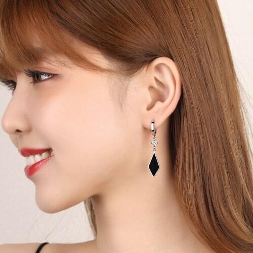 Womens Black Rhombus Drop Earrings Cubic Zirconia Stone Ear Hoop Huggie Female Dangle Piercing Earring Trendy Wedding Jewelry