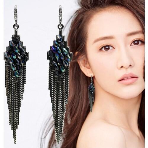 Vintage Ethnic Crystal Rhombus Geometric Metal Chain Tassel Earrings Handmade Long Earrings For Women 4 Colors Trendy Jewelry